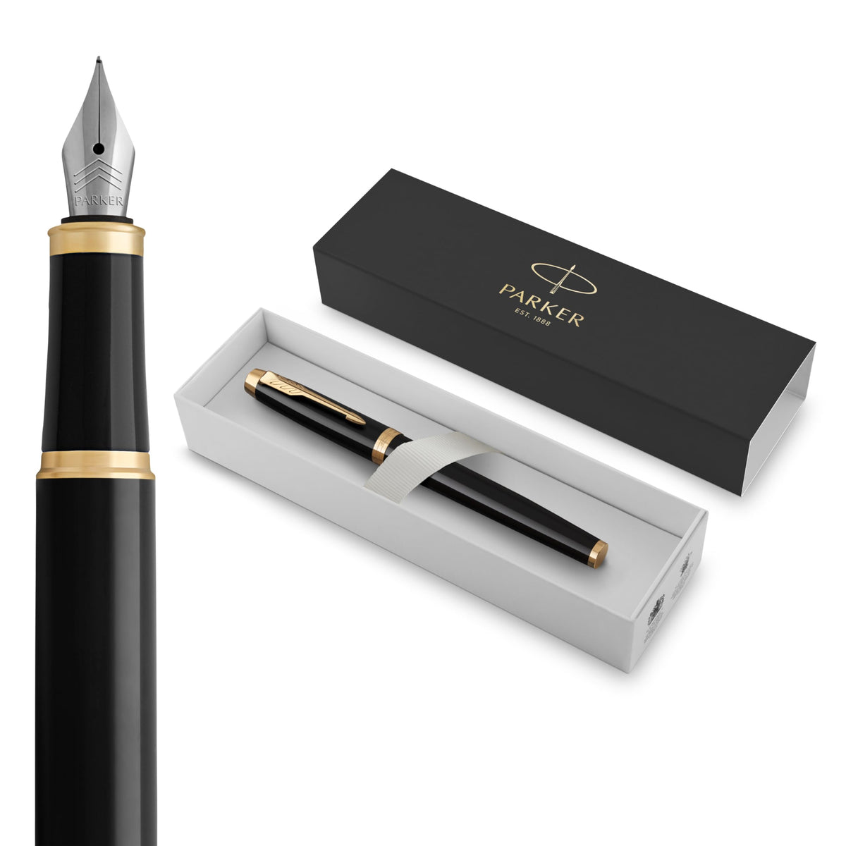 Parker IM Fountain Pen, Black Lacquer with Gold Trim, Fine Nib - Includes Blue Ink Refill and