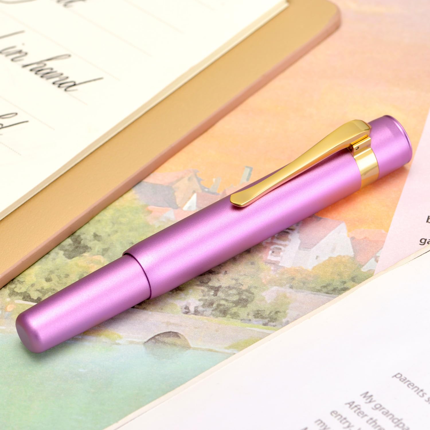 HONG DIAN M2 Mini Fountain Pen with Bent Nib, Sleek Shape Aluminium Short Pocket Travel Pen (Lilac