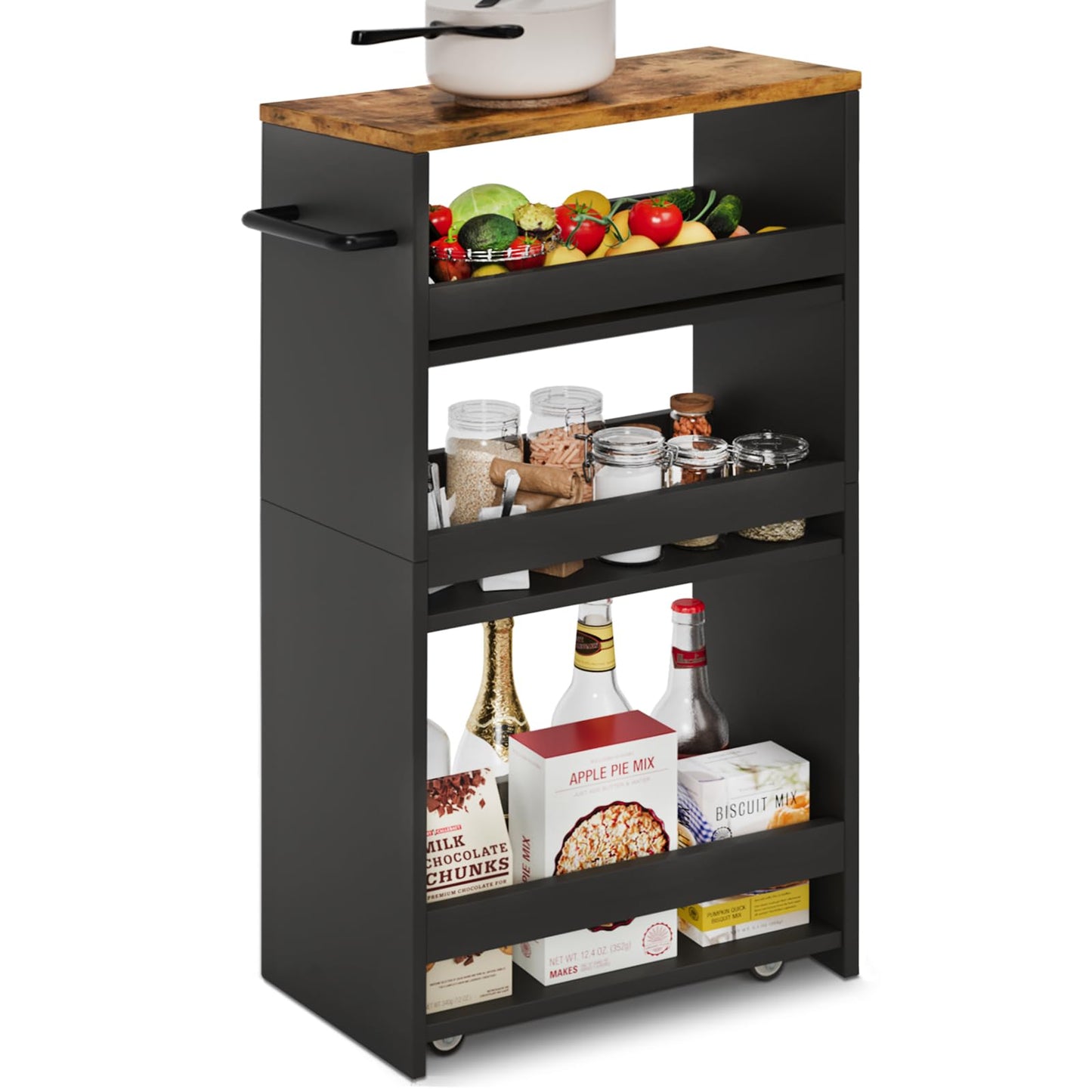 TEAMIX Slim Rolling Storage Cart, Wood 4-Tier Narrow Kitchen/Laundry Cart