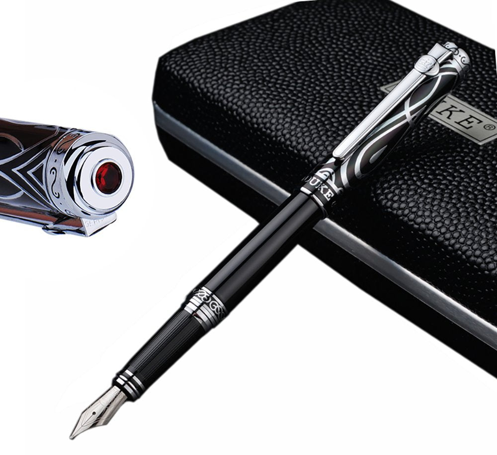 erofa Duke Ruby Fountain Pen Sliver Trim with Ink Refills Converter in Luxury Gift Box Set for