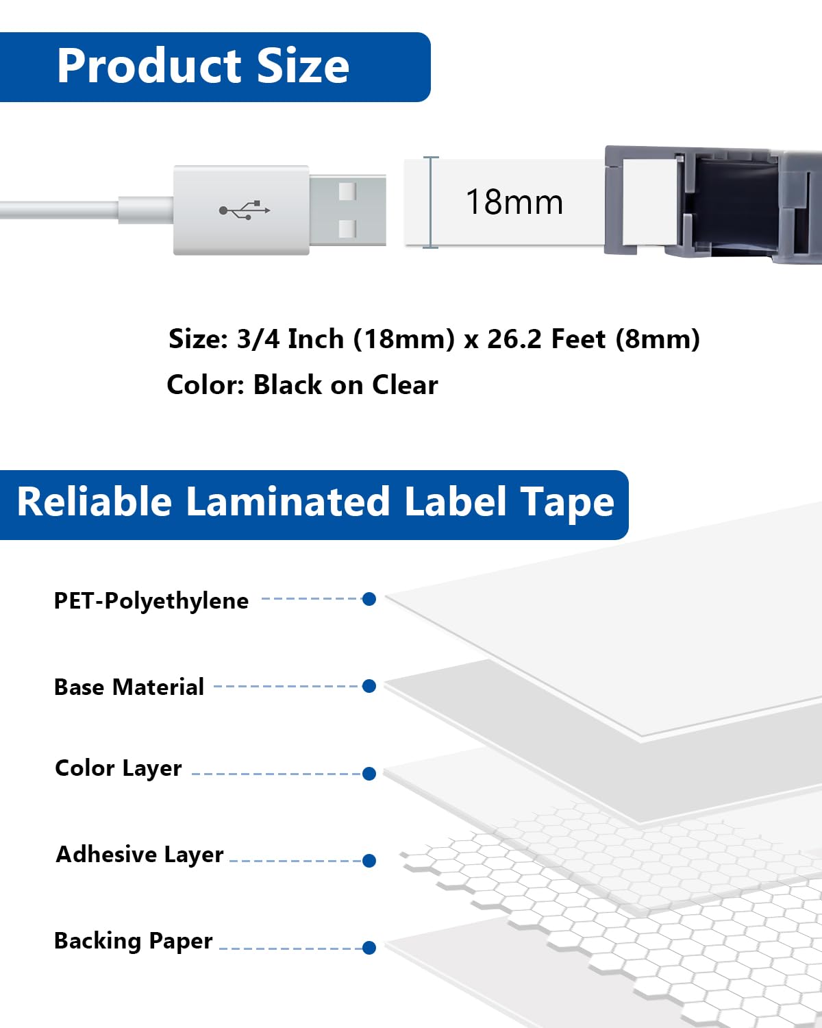 Labelwell TZe-141 TZ Tape 18mm 0.7” Laminated Black on Clear Label Tape
