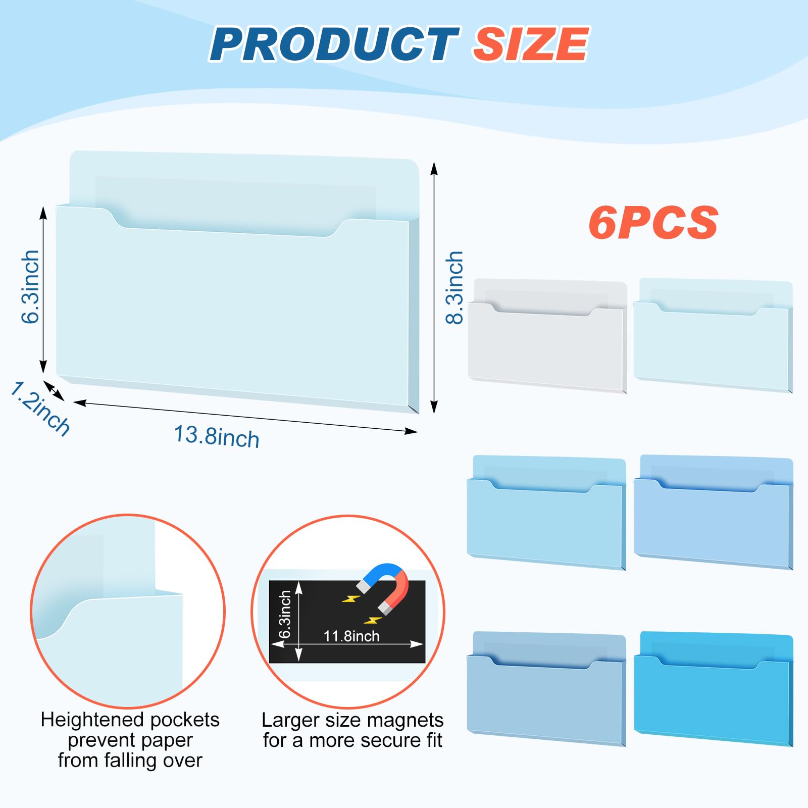 Fuutreo Magnetic Wall File Holder,6pcs,Ocean Color,Horizontal-large