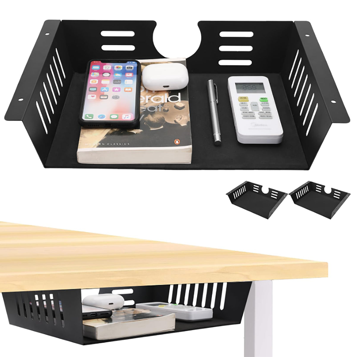 Neiteli 2 Pack Under Desk Shelf - Under Desk Storage Shelf Metals,Under Desk Organizer - Black