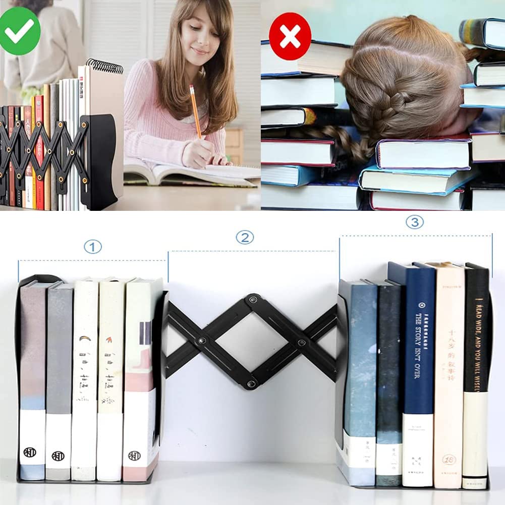 Metal Bookends for Heavy Books, Sturdy Book Stopper to Hold Books Heavy Duty, Adjustable Book Ends