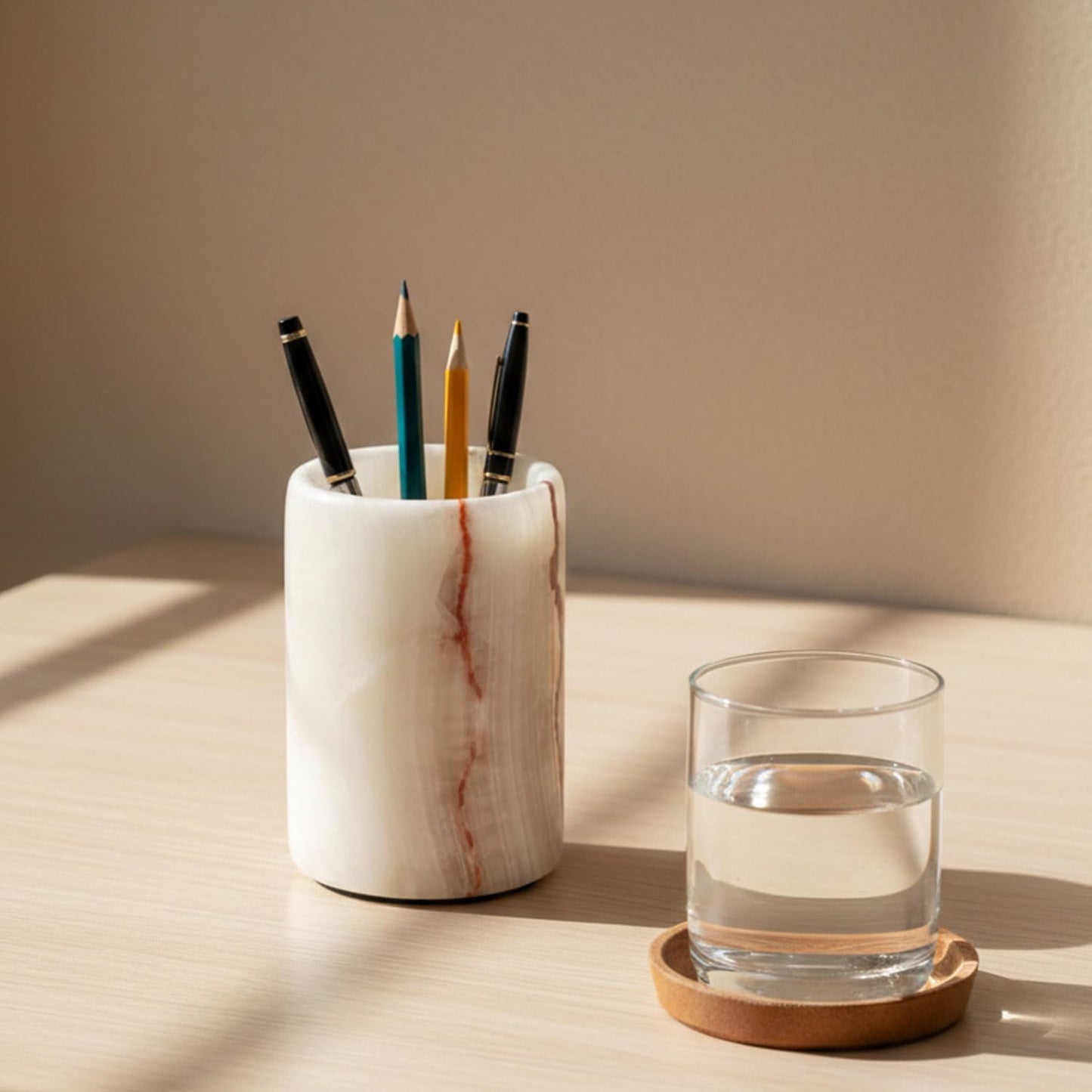 Radicaln Marble Pen Holder For Desk 4" Inches White Onyx Handmade Marker & Pen Holder for Desk