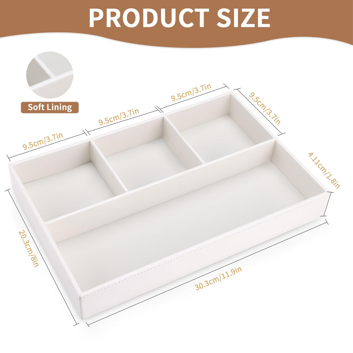 KINGFOM PU Leather Desk Drawer Organizer, 4 Compartment Office Supplies Stationery Storage Tray