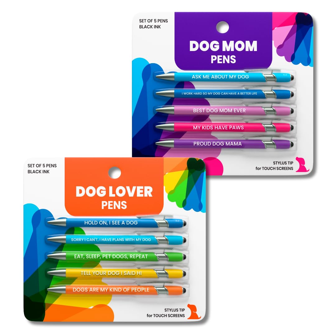 Funny Dog Mom+Lover Gift Pen Set, 5 Black Ink Ballpoint Pens, Stylus Tip