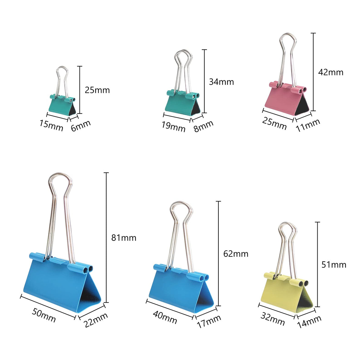 Ykimok 100 Pcs Colored Binder Clips, Metal Paper Clamps 6 Assorted Sizes, Extra Large, Large
