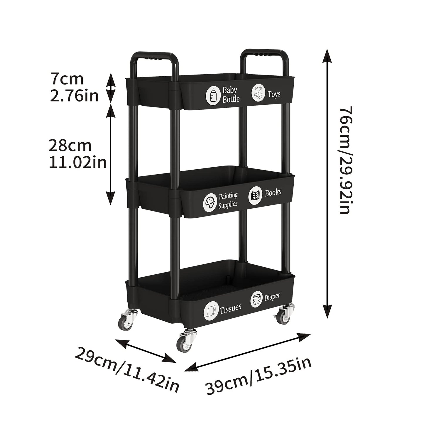 3 Tier Rolling Cart with Wheels, Utility Storage Carts,Black