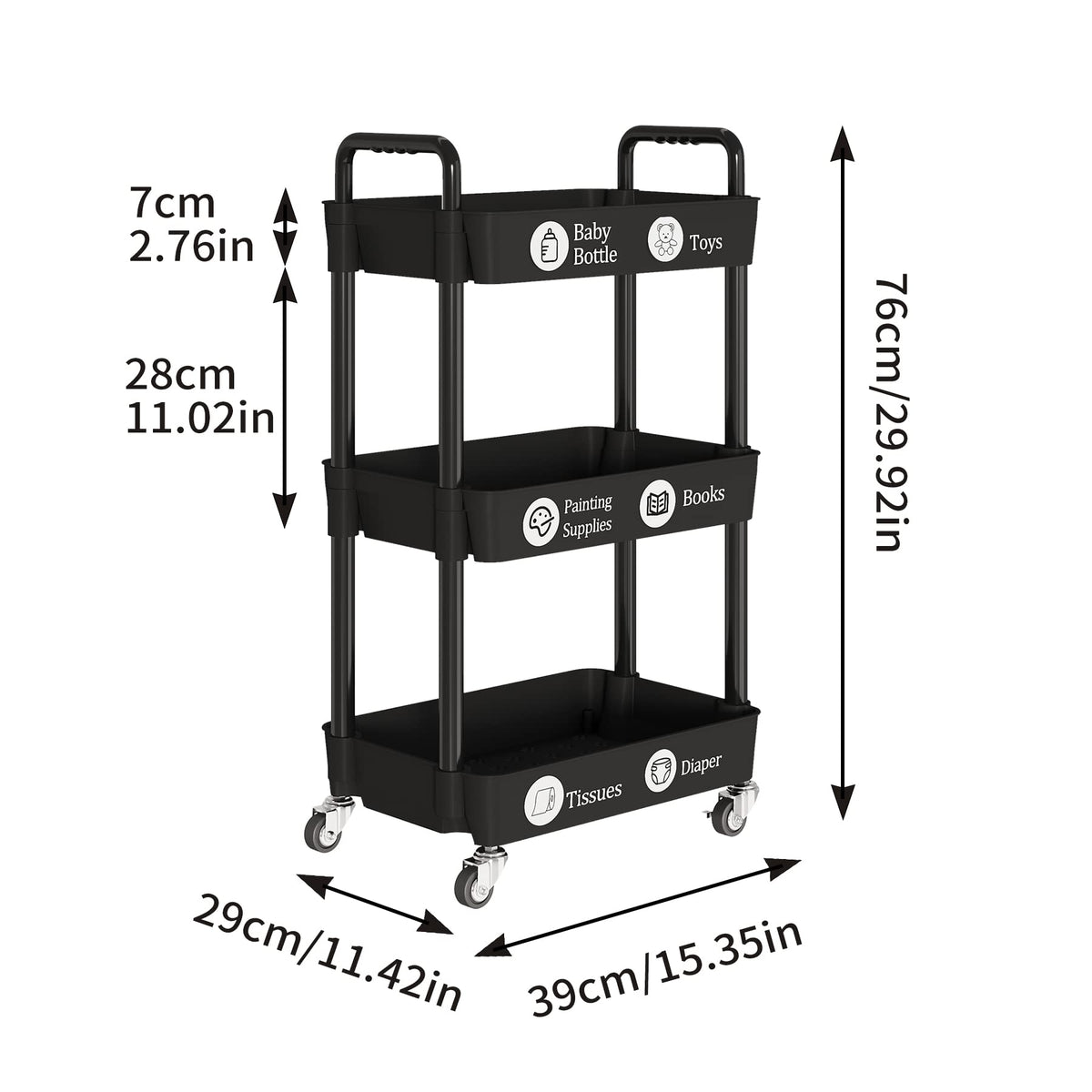 3 Tier Rolling Cart with Wheels, Utility Storage Carts,Black