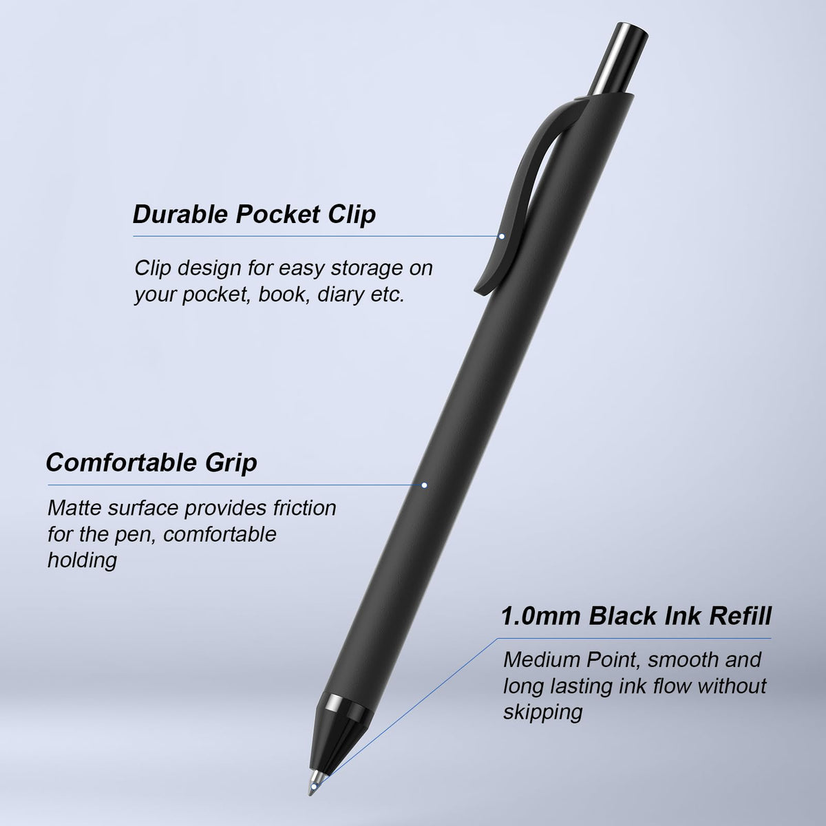 InkSlick Black Pens Bulk 50 Pack 1.0mm Ballpoint Pen for Smooth Writing