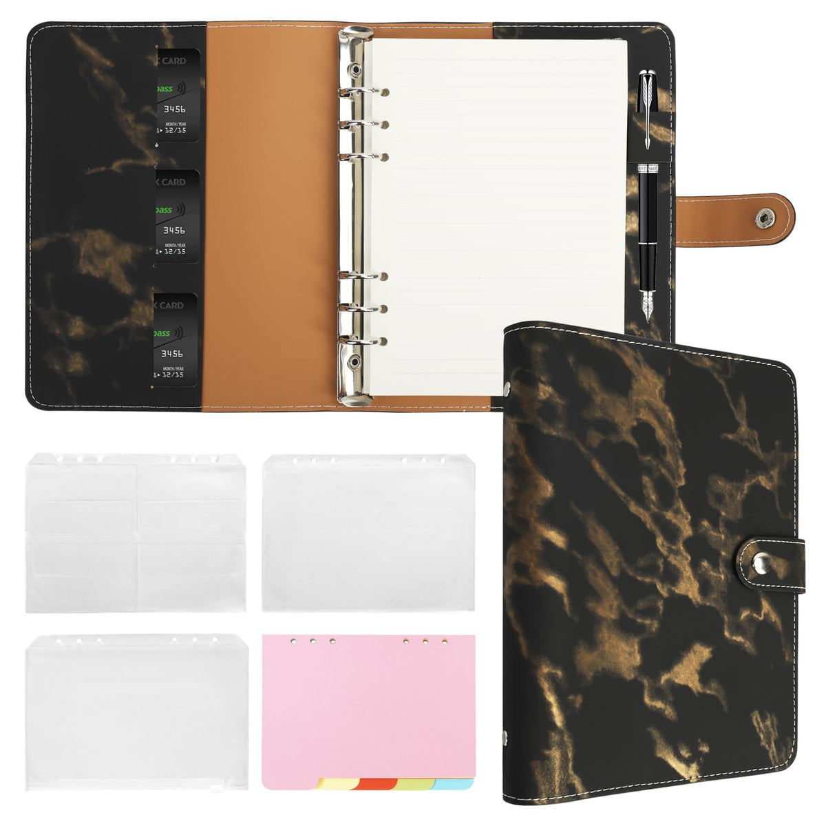 FYY A5 Binder Refillable Planner Notebook 6 Ring, Marble Black
