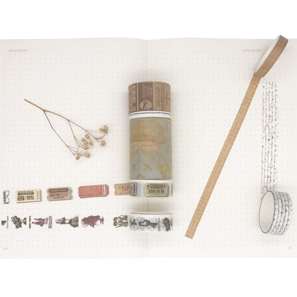 EnYan 7 Rolls Washi Masking Tapes Set, Japanese Decorative Writable Vintage Tape for DIY Crafts