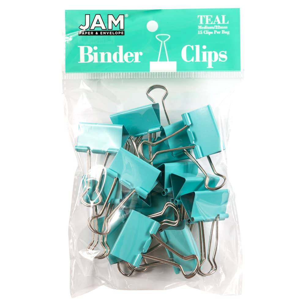 JAM PAPER Colorful Binder Clips - Medium - 1 1/4 Inch (32 mm) - Teal Binderclips - 15/Pack