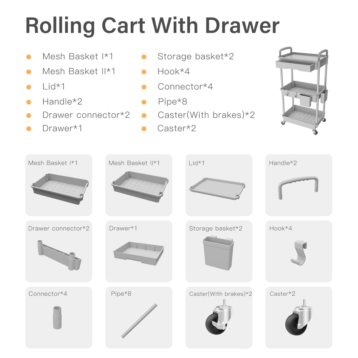 3 Tier Rolling Utility Cart with Drawer,REBECAT Utility Cart Made of Multifunctional Storage