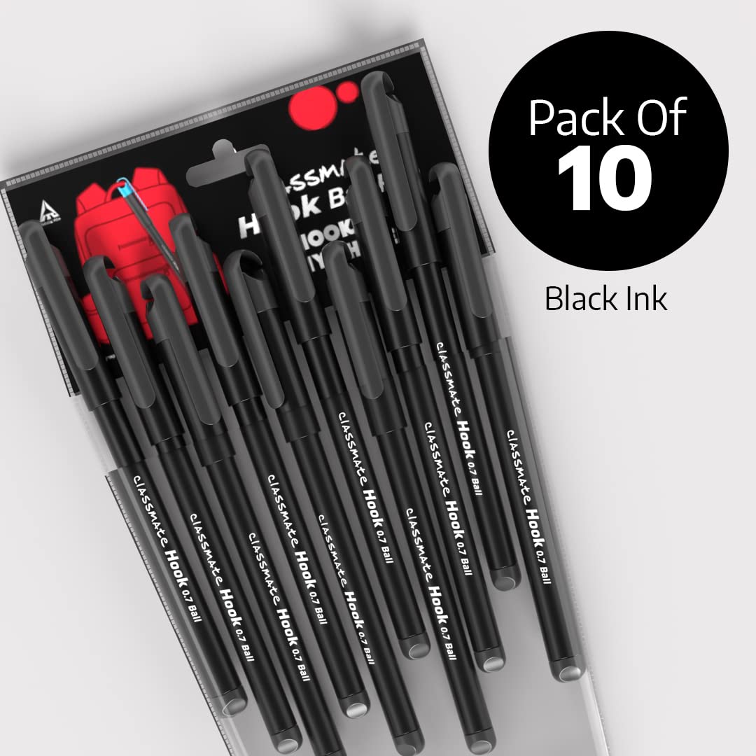 Classmate Hook Ball Pen|Black Ball Pens| Pack of 10
