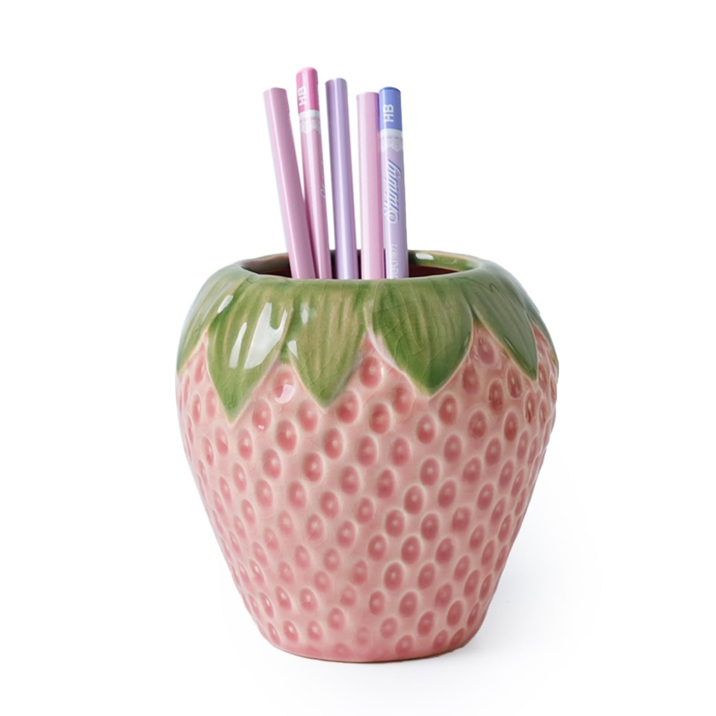 Sixbaole Pink Strawberry Ceramic Pencil Holder for Desk, Cute Office Decor