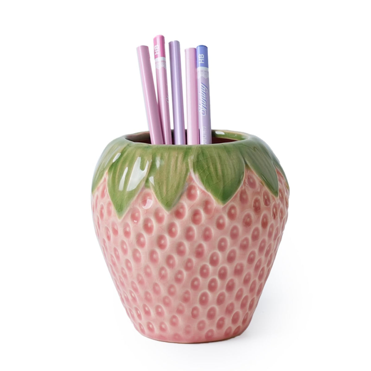 Sixbaole Pink Strawberry Ceramic Pencil Holder for Desk, Cute Office Decor