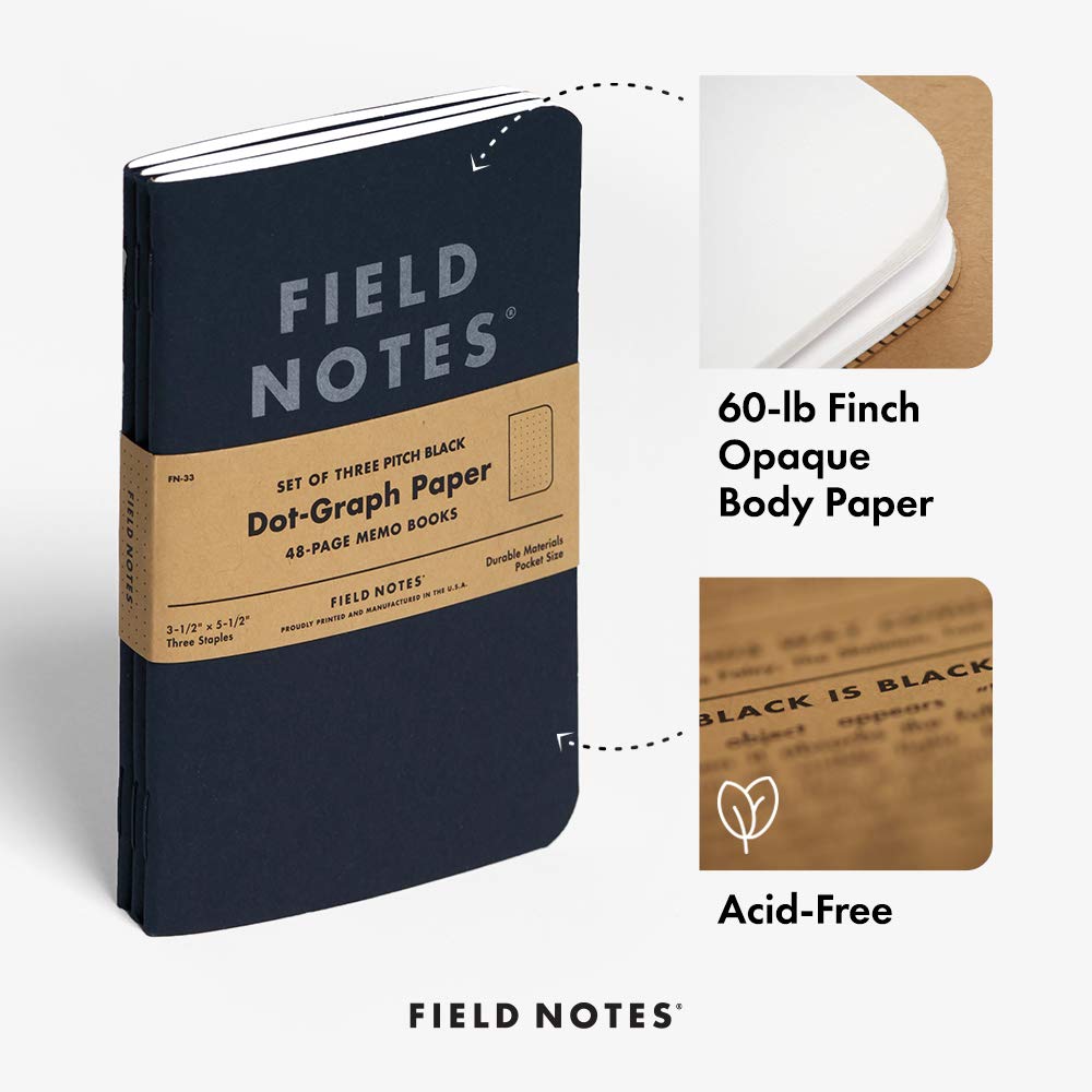 Field Notes 3-Pack Pitch Black Memo Books (3.5" X 5.5"), Dot-Graph, 48 Pages | Thin Pocket Sized