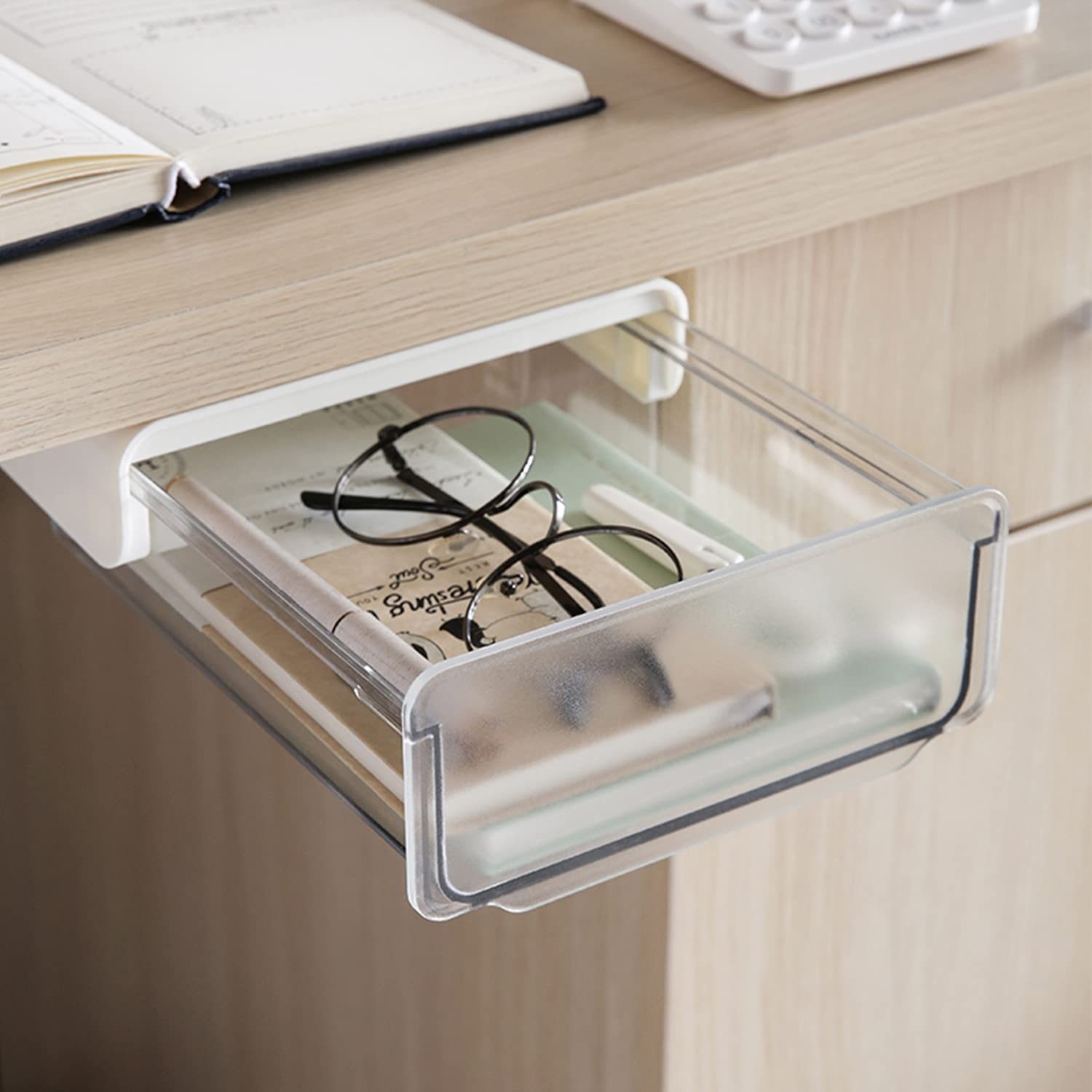 OSPNIEEK Self-adhesive Under Desk Drawer Organizer, 2 Pack Table Hidden Slide Out Large Storage