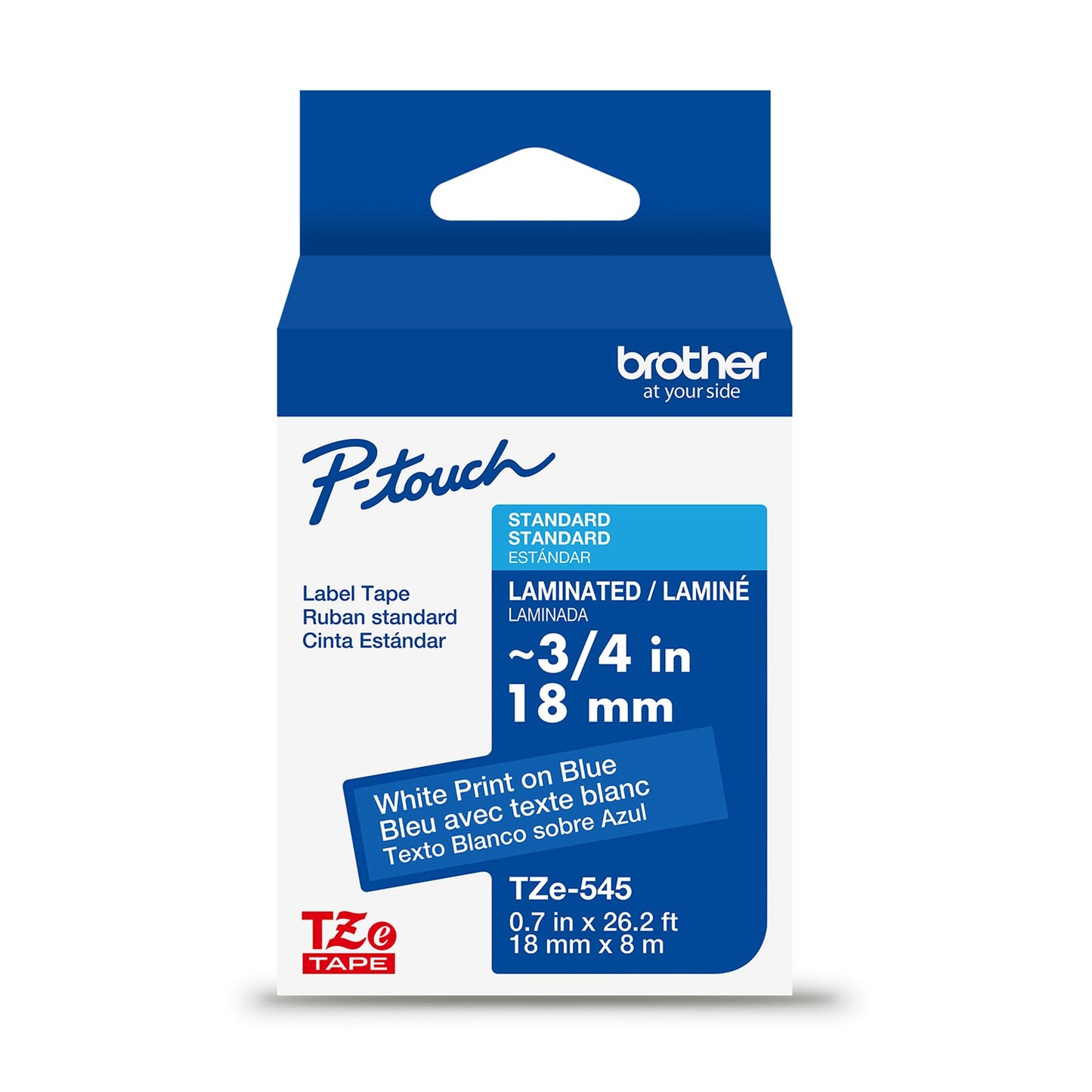 Brother Genuine P-Touch TZe White Print on Blue Label Tape (TZe545), Laminated, 3/4in x 26.2ft