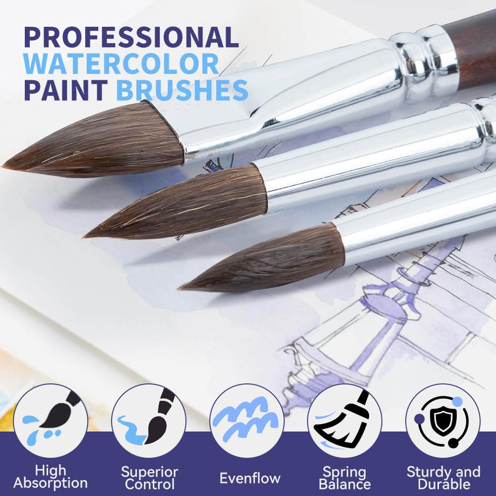 Transon 11pcs Sable Watercolor Brushes Professional Brush Set for Watercolor Painting Gouache