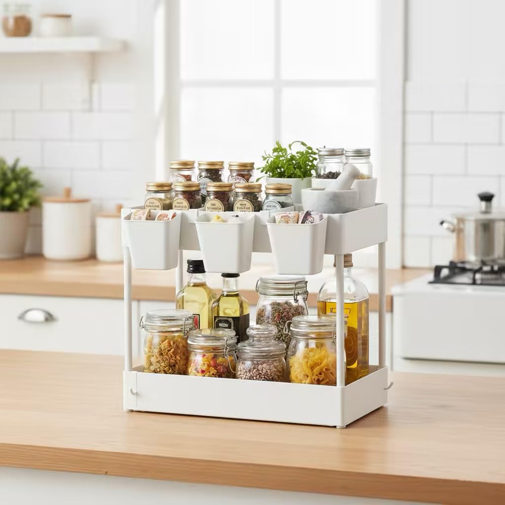 danpinera Storage Cart on Wheels, 3 Tier Slim Laundry with Wheels Bathroom Organizer with Hanging