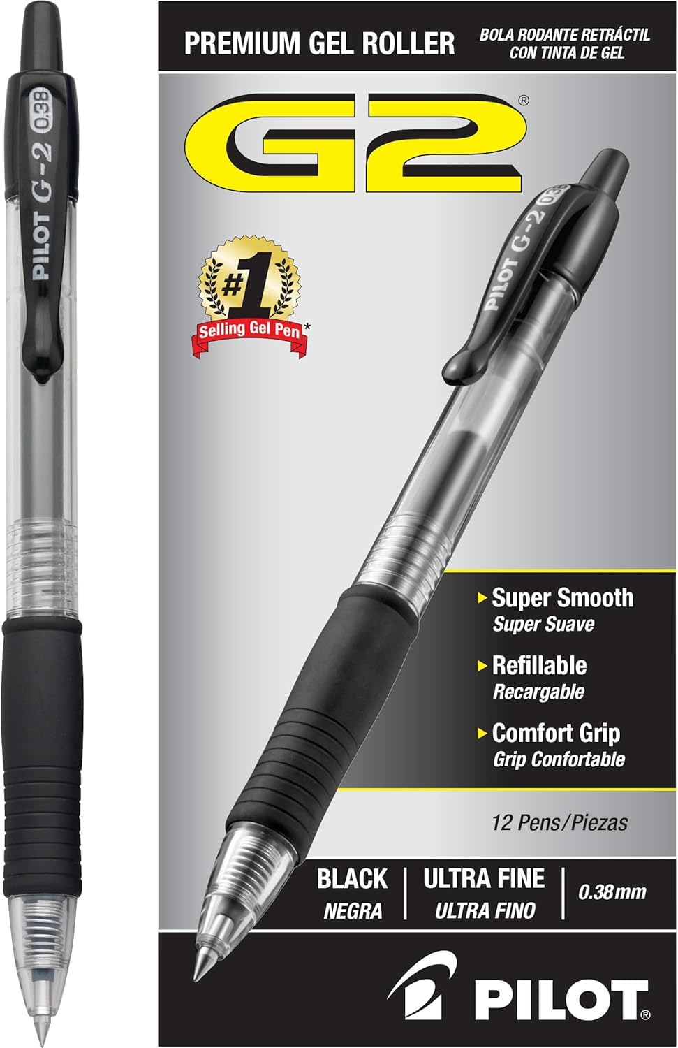 PILOT G2 Premium Retractable Rolling Ball Black Gel Pens, .38mm, 12-Pack
