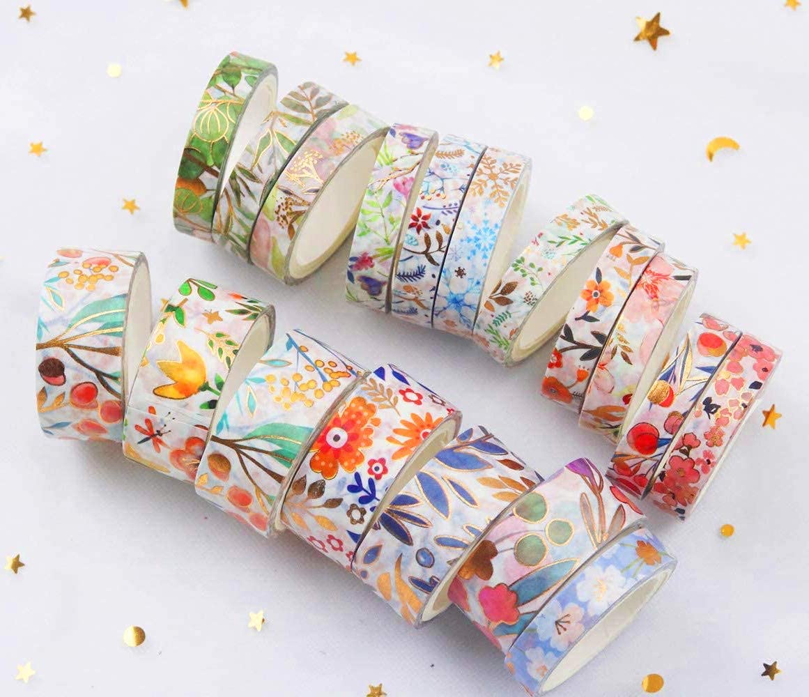 YUBX 18 Rolls Floral Gold Washi Tape Set VSCO Foil Masking Decorative for Arts, DIY Crafts, Journal