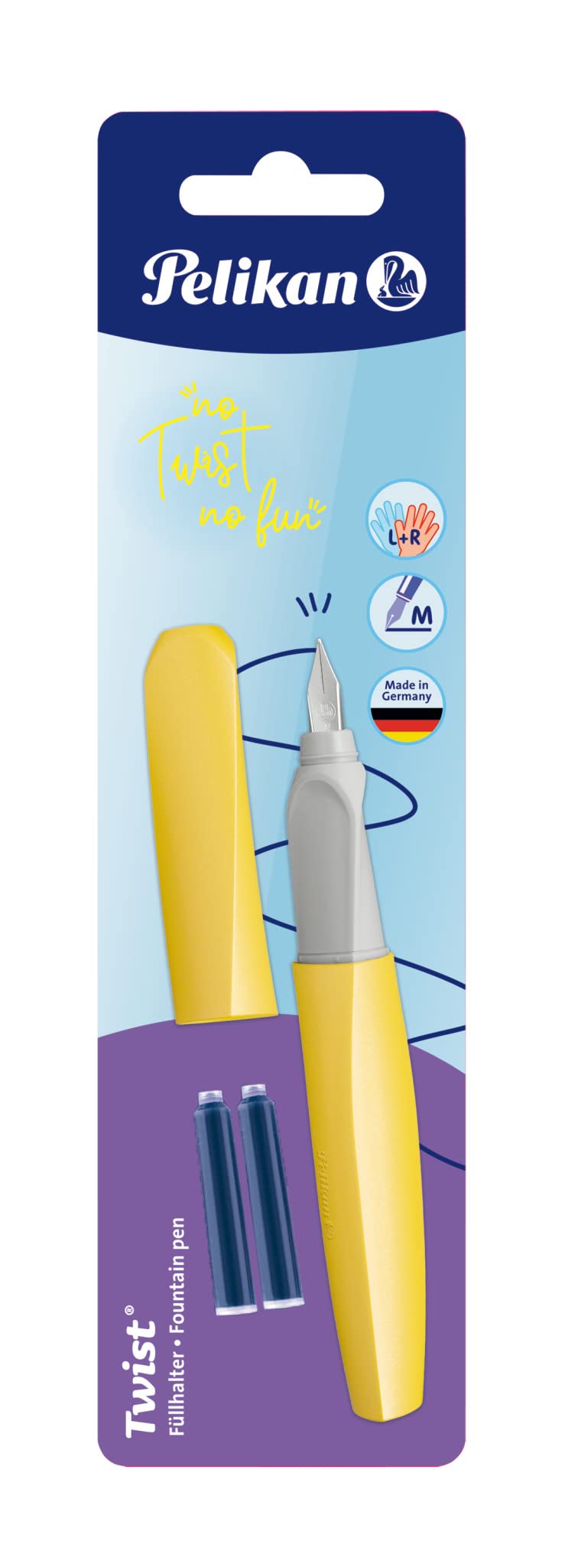 Pelikan Twist Fountain Pen with 2 Ink Cartridges, Medium Nib, Bright Sunshine, Blister Card (820219)