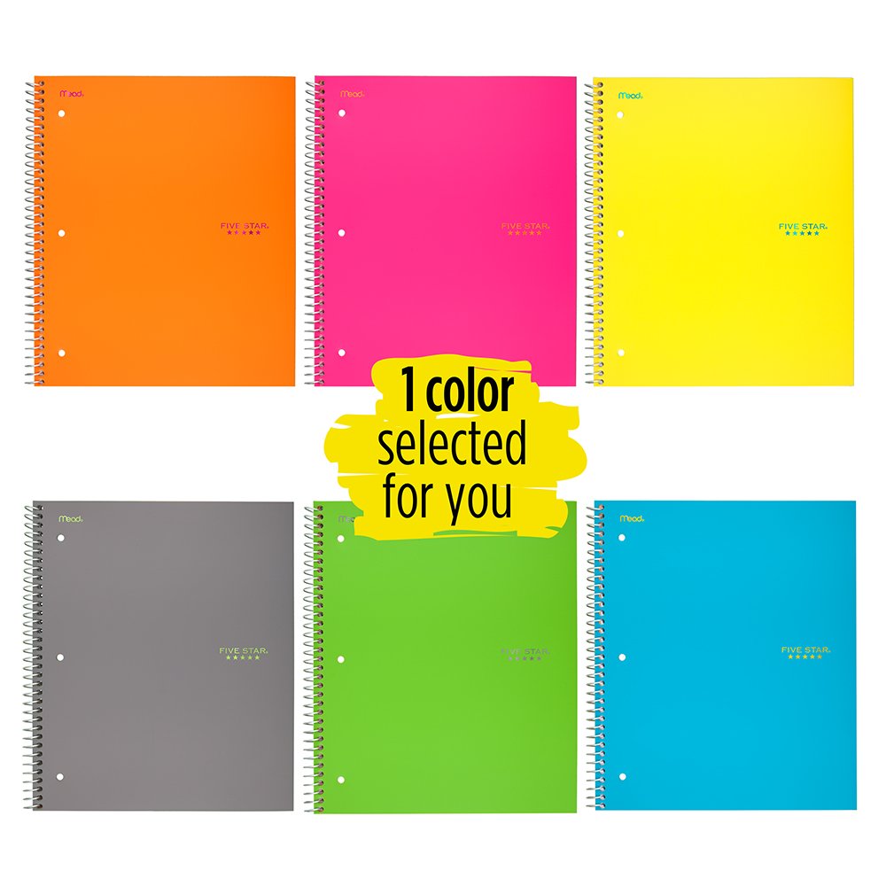 Five Star Spiral Notebook, 1 Subject, College Ruled Paper, 100 Sheets, 11" x 8-1/2", Color Selected