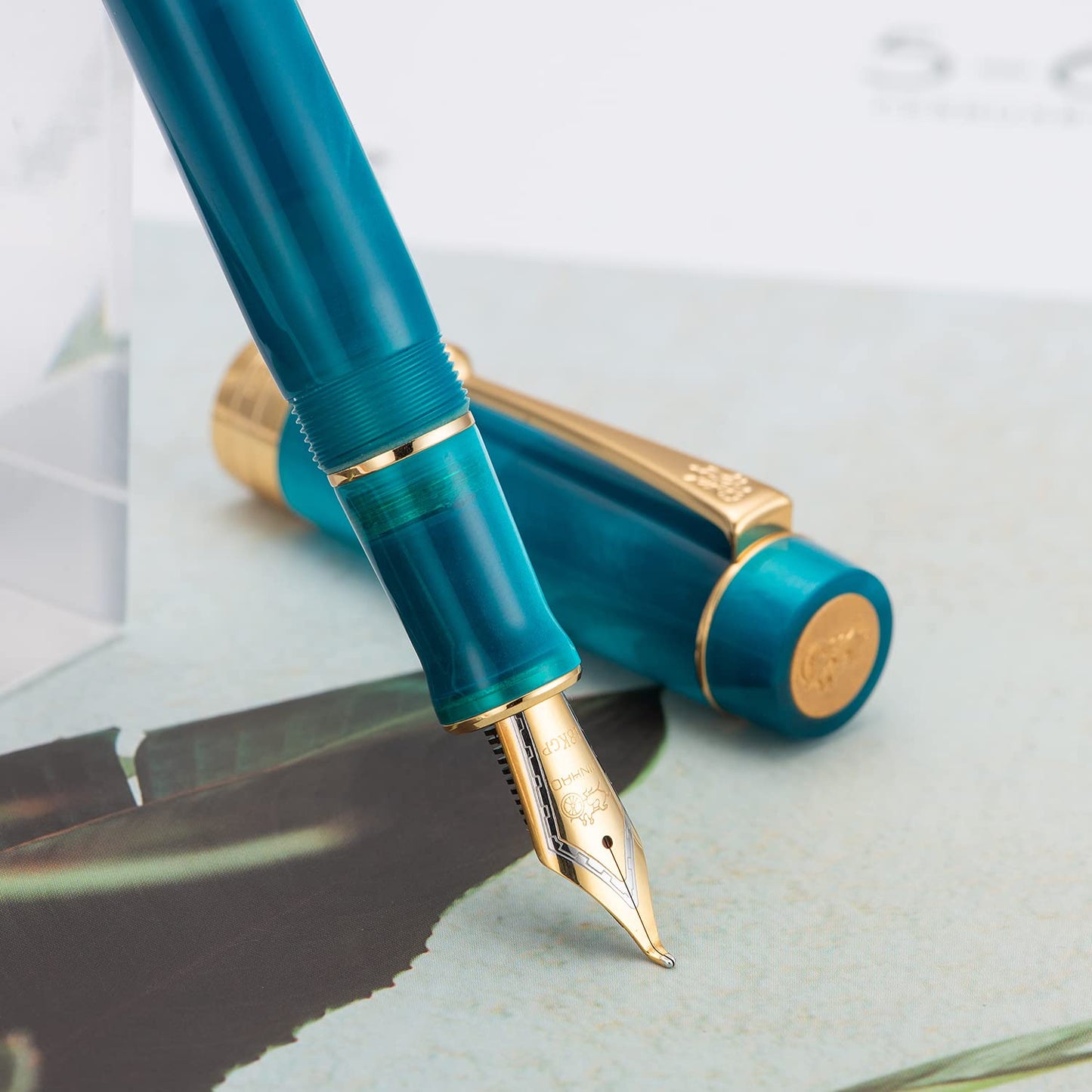 Jinhao 100 Classic Fountain Pen Bent Nib, Peacock Blue Celluloid Fude Pen Calligraphy from Fine to