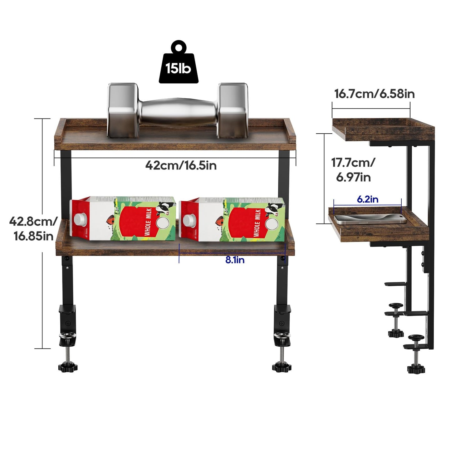 ART-GIFTREE Clamp On Desk Shelf 2-Tier, 16.5 in Wood Shelving Unit for Office Desk/Gaming
