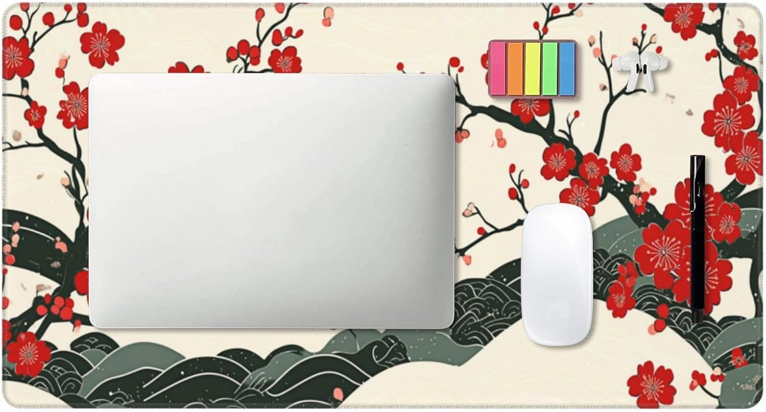 XL Desk Mat 31.5x15.7 Inch, Japanese Cherry Blossom Wave Mouse Pad Keyboard