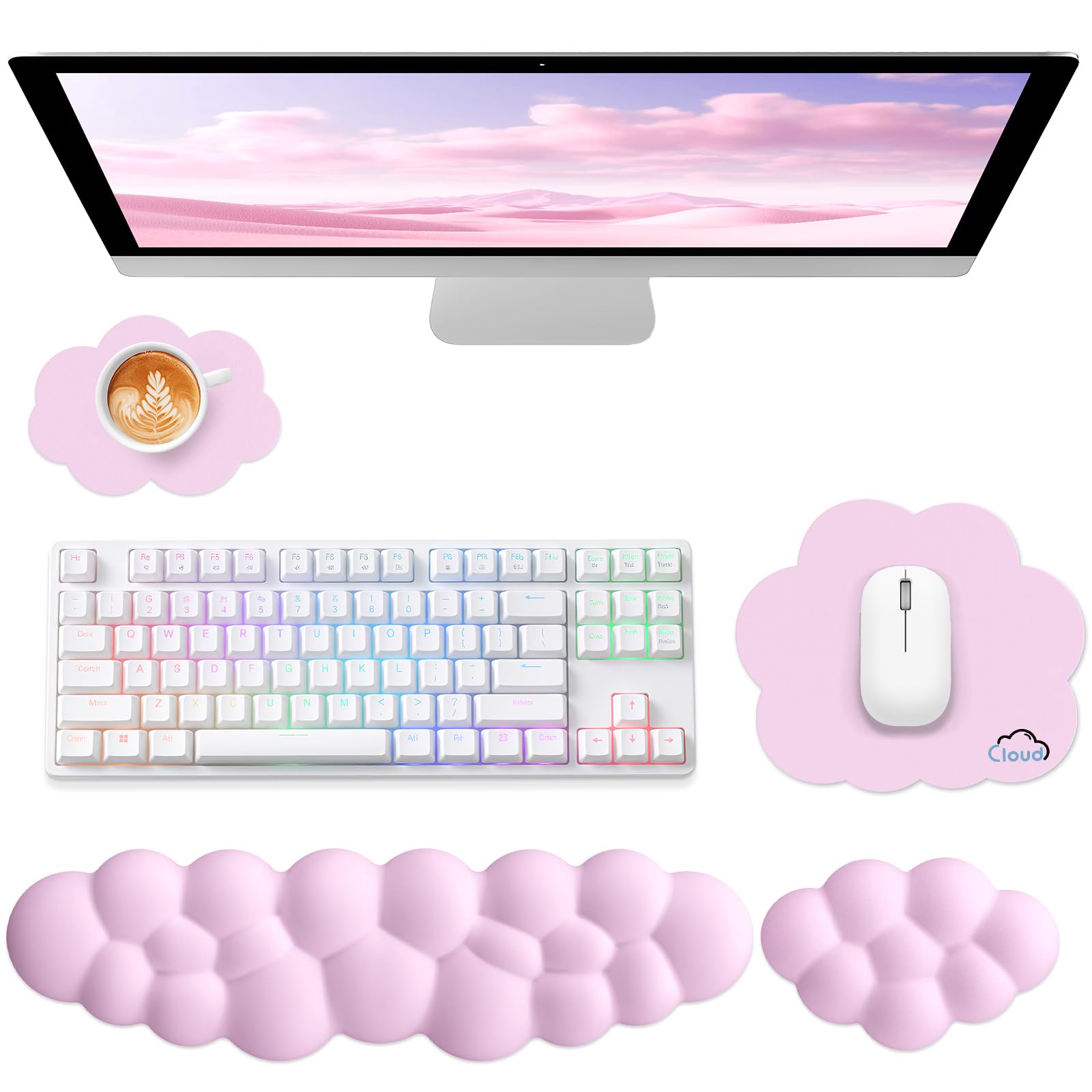 Sushret Cloud Wrist Rest for Computer Keyboard and Mouse Pad Set, Pink