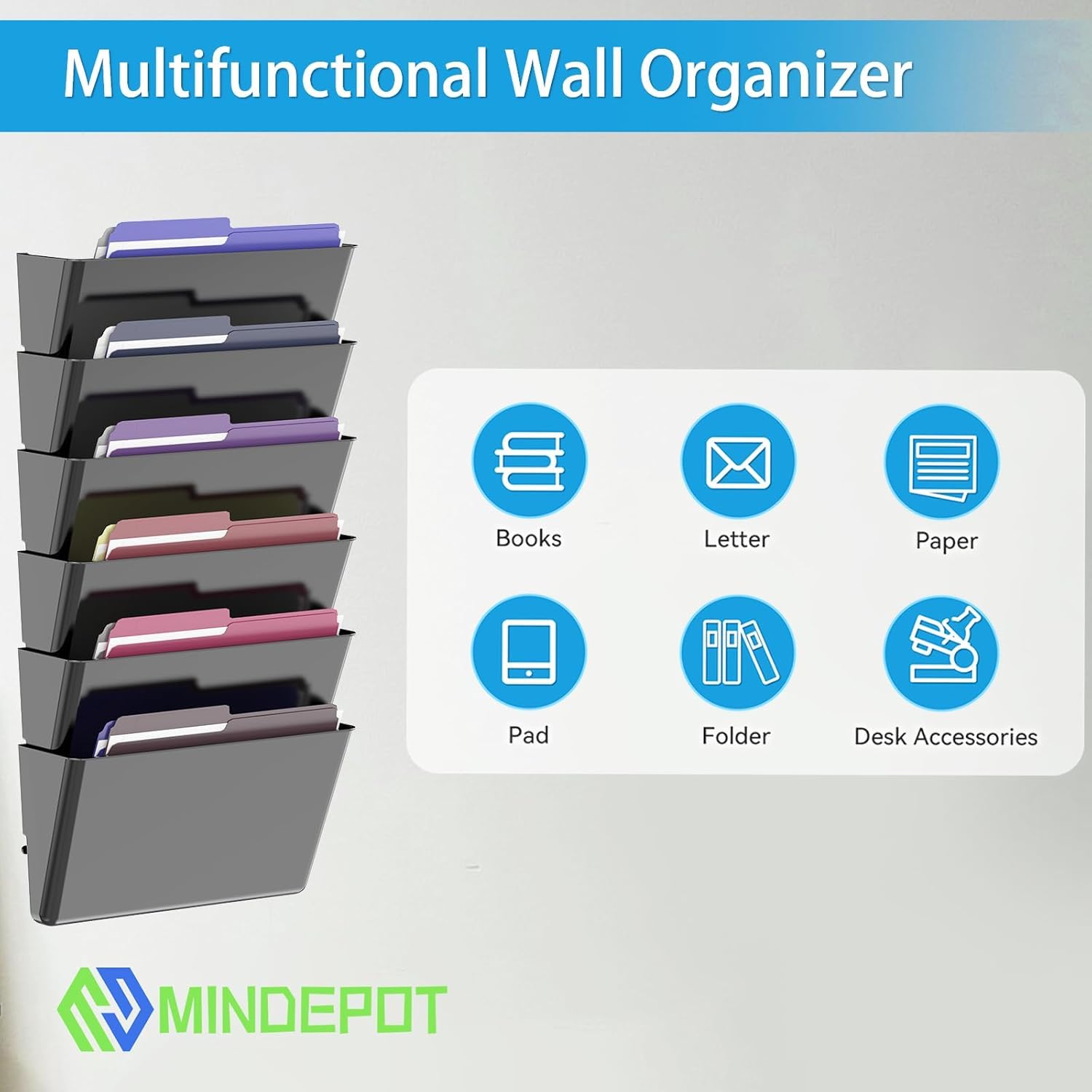 MINDEPOT 5 Pockets Acrylic Wall File Organizer, Wall File Holder Black