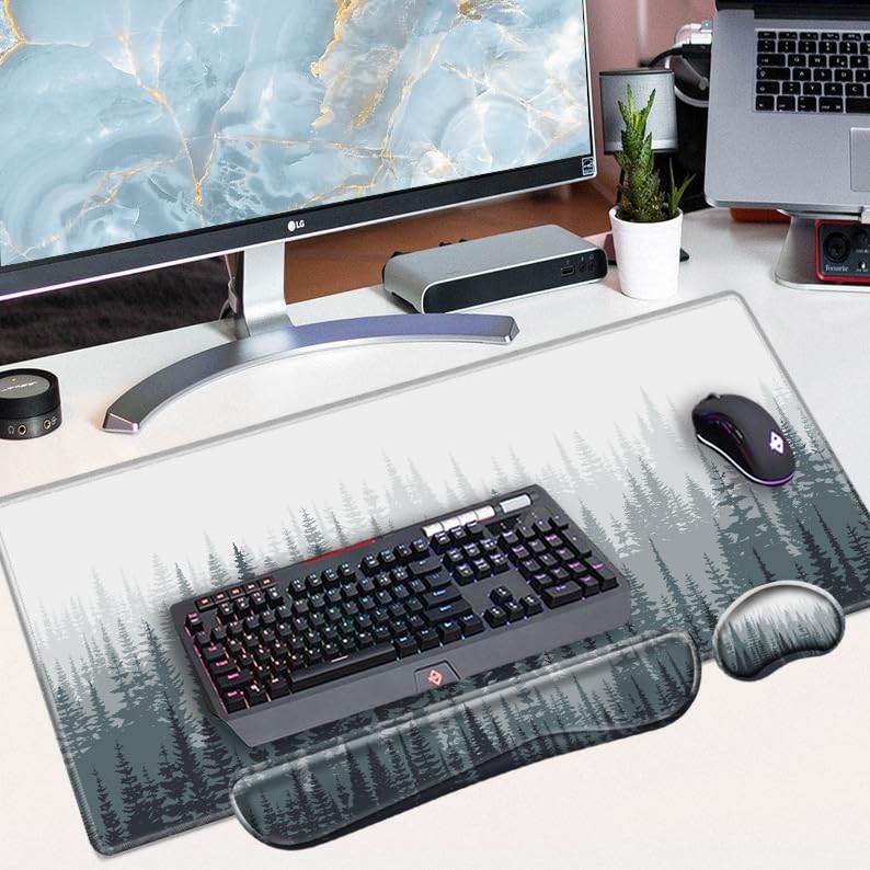 Large Mouse Pad and Keyboard Wrist Rest Tree Forests Desk Mat Set Gaming Mousepad with Wrist