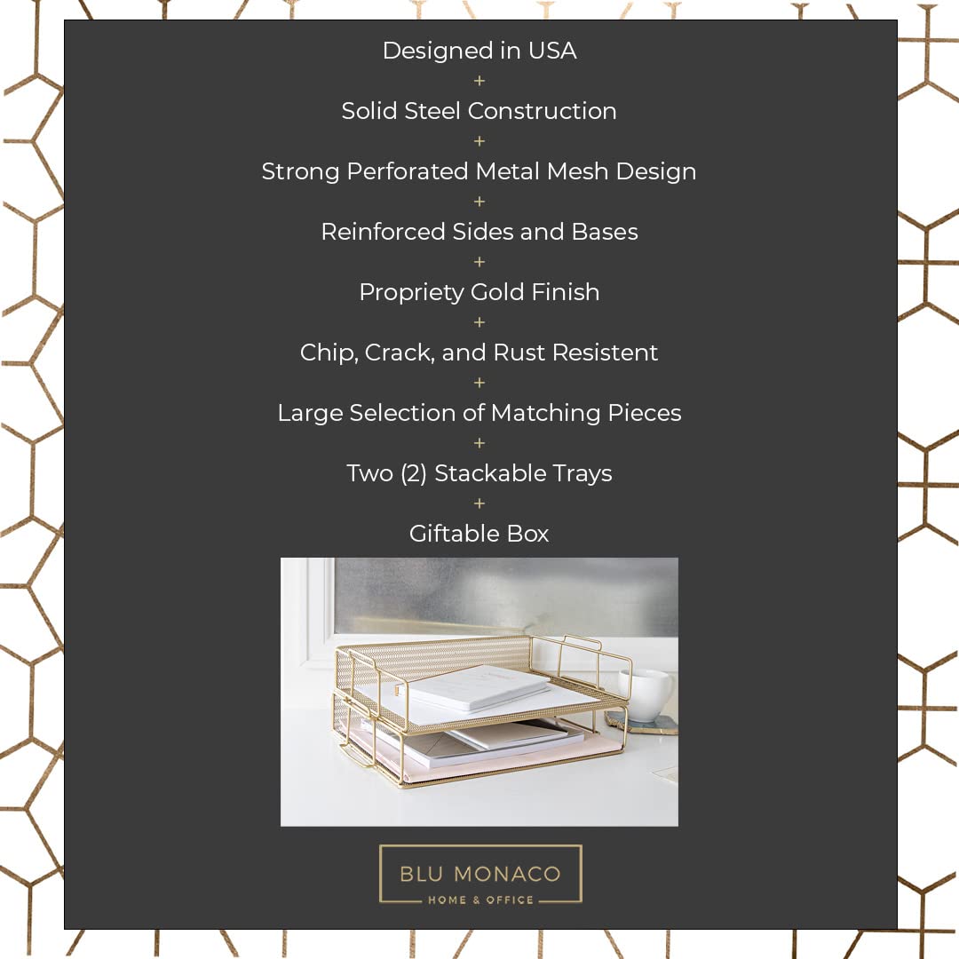 BLU MONACO | Paper Tray Stackable Gold Mesh Set of 2 | Stackable File Trays for Desk Organization |