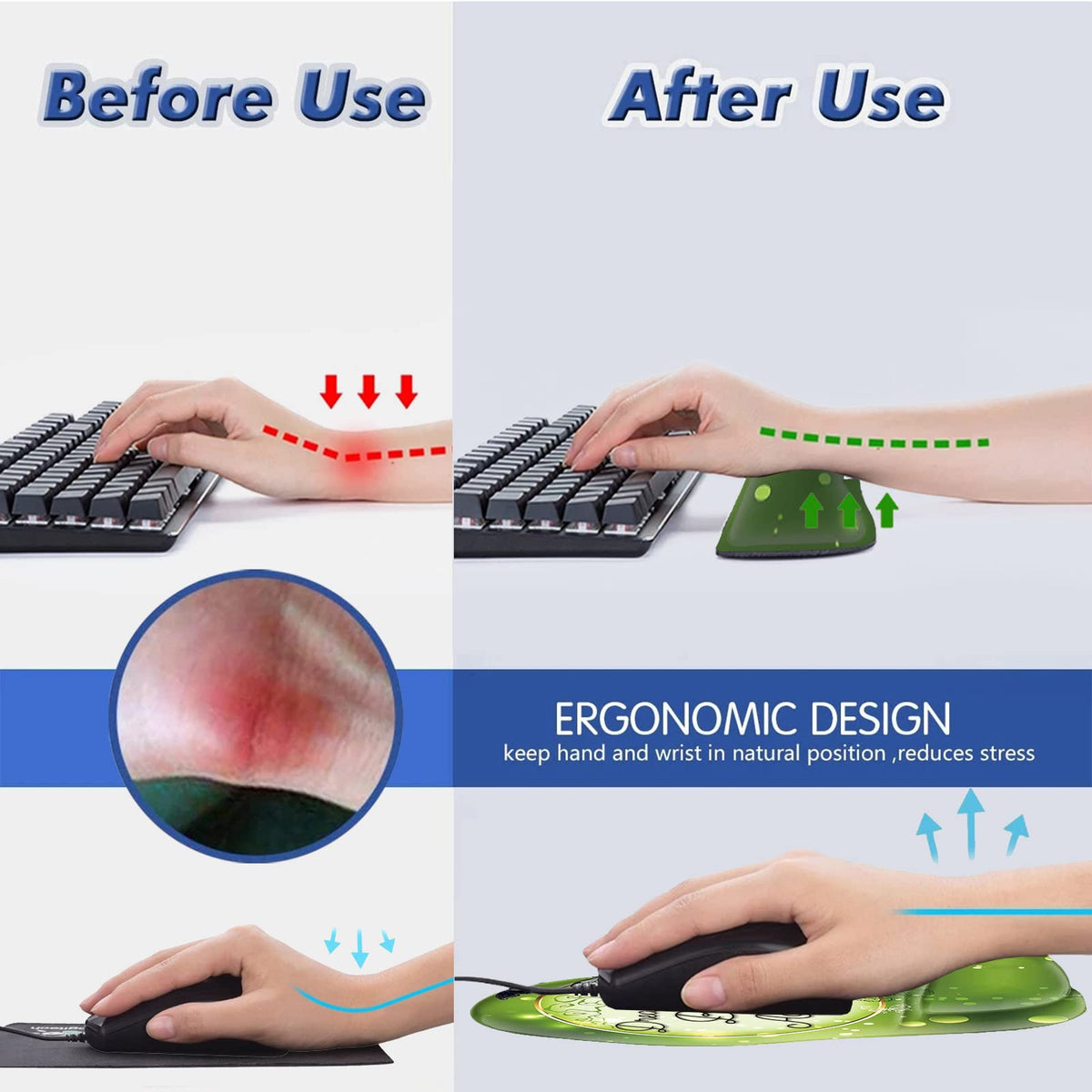CUISHAN Ergonomic Gel Mouse Wrist Rest Pad and Keyboard Set, Anti-Slip PU Bottom Easy Typing