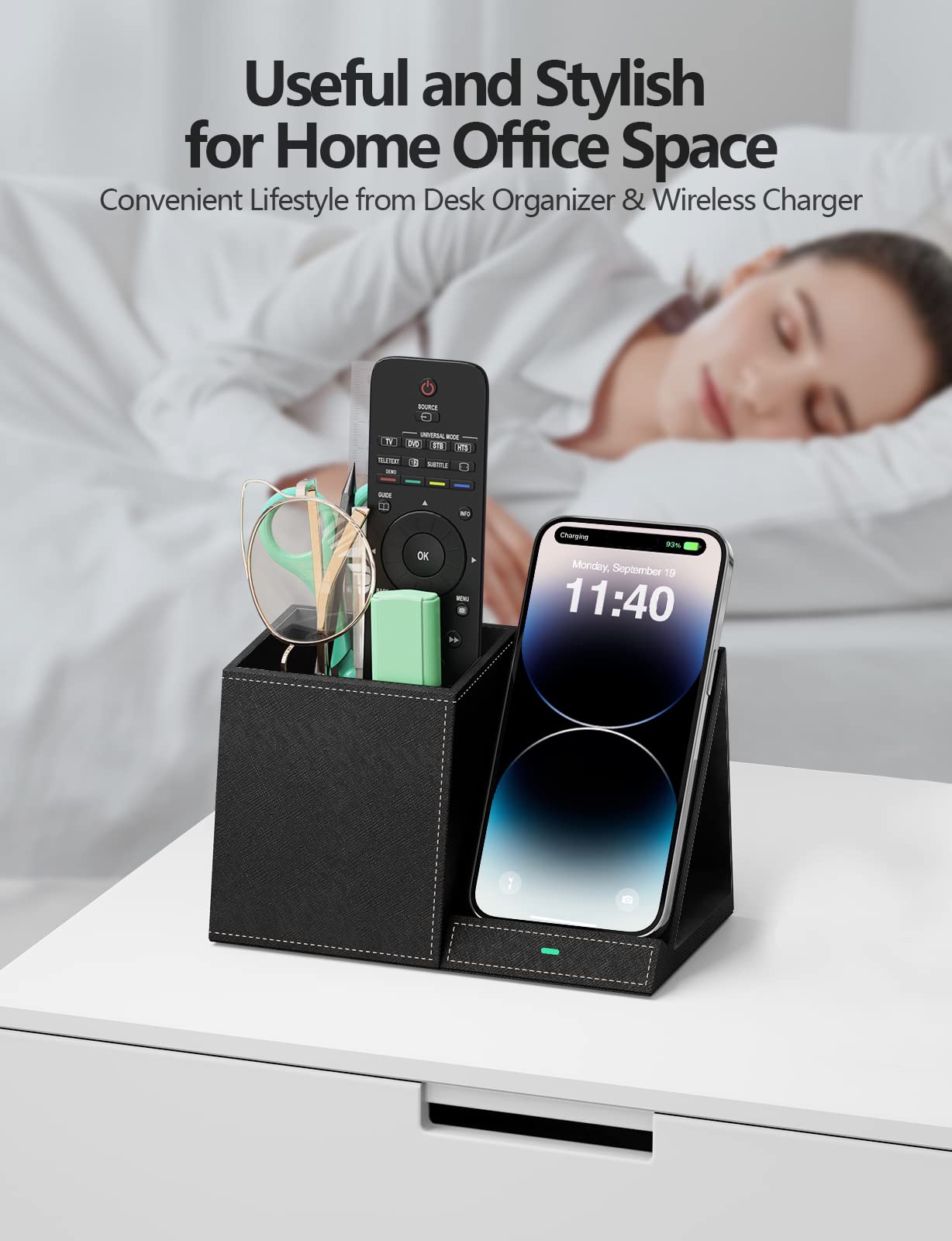 Desk Supplies Organizer, Multi-Functional Pencil Pen Holder with Wireless Charger, Desktop