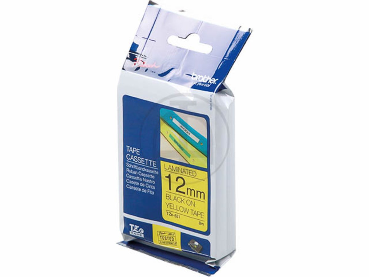 Brother Reseller TZE631 P-Touch Standard Laminated Tape, 1/2'' W x 26.2' L, Black on Yellow
