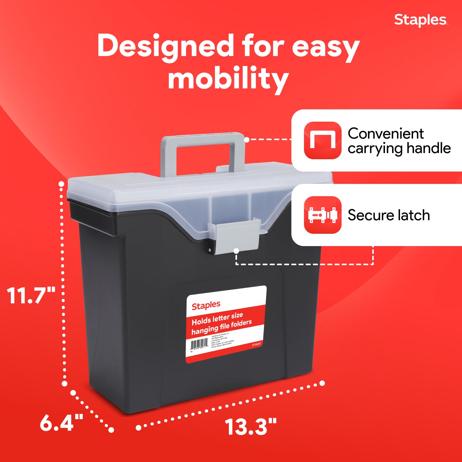 Staples Portable File Box Storage Organizer, Letter Size, Black