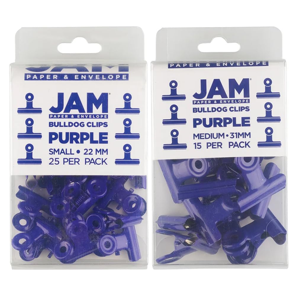 JAM PAPER Metal Bulldog Clips Combo Pack - Small & Medium - 22mm & 31mm - Purple - 40/Pack