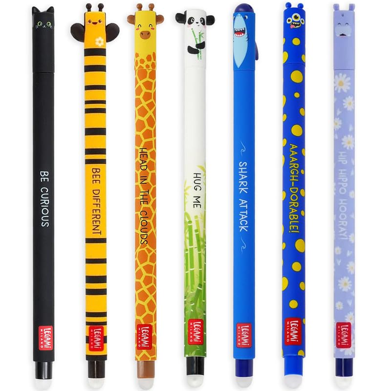 LEGAMI - Set of 7 Erasable Gel Pens with Thermosensitive Erase Ink, Range of ink colours & barrel