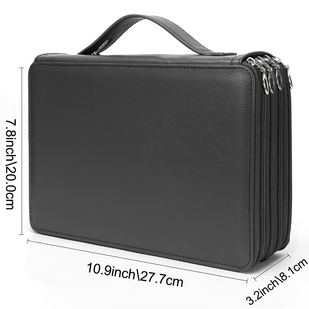 Vomgomfom 200 Slots Pencil Case 4-Layer PU Leather, Handle, Solid Black