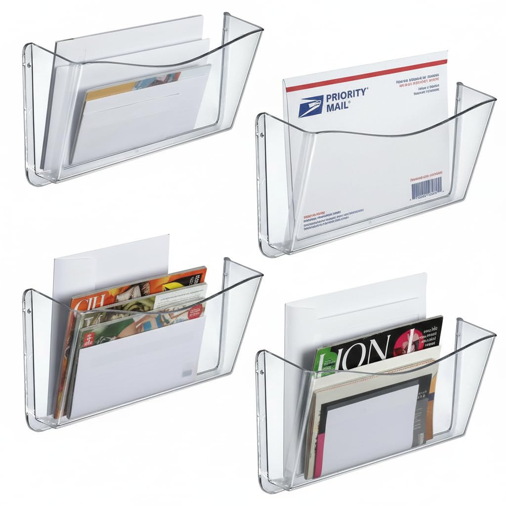 Azar Displays 250025 Clear Plastic Wall Mount File Holder with Hanging Hardware (4-Pack)
