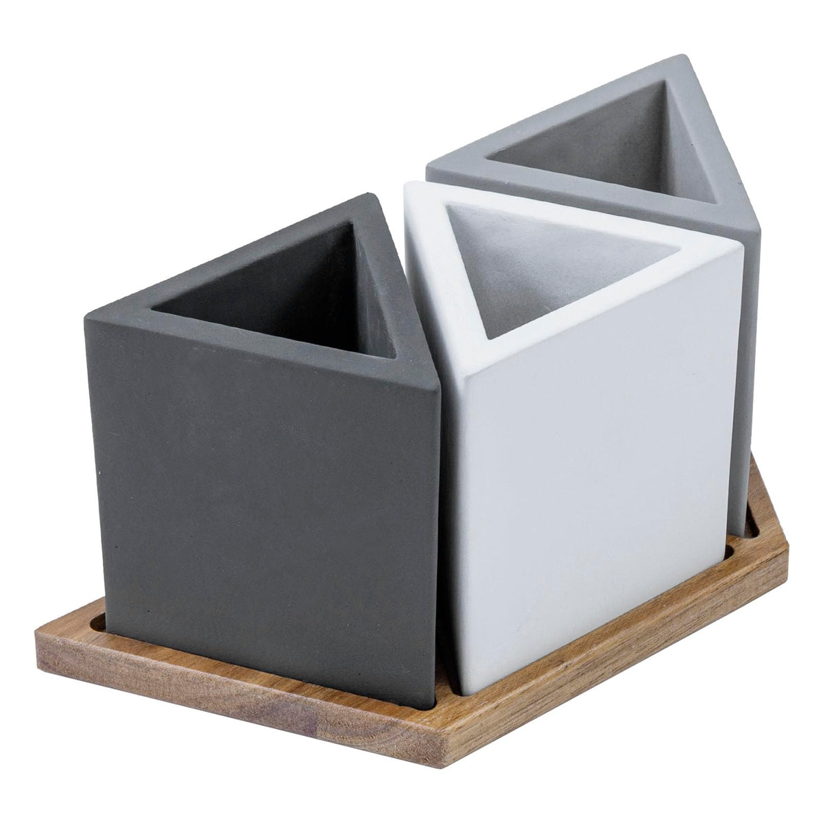 MyGift Modern Concrete Desk Organizer Set with 3 Triangular Gray-Tone Pen Holders and Acacia Wood