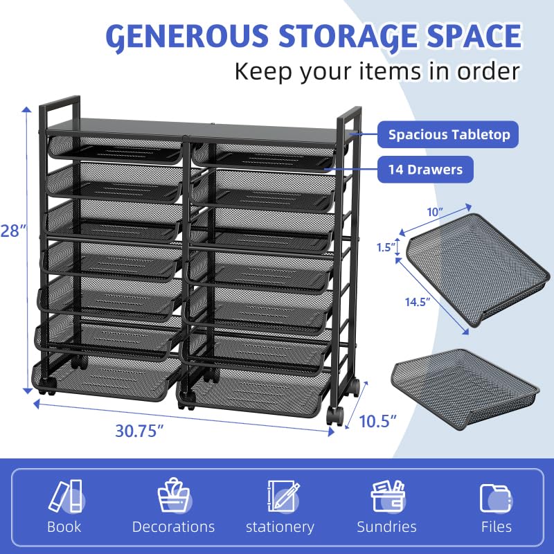 Simple Trending 15-Tier Rolling File Cart, Desk File Organizer with 14 Mesh Sliding Trays, Letter &