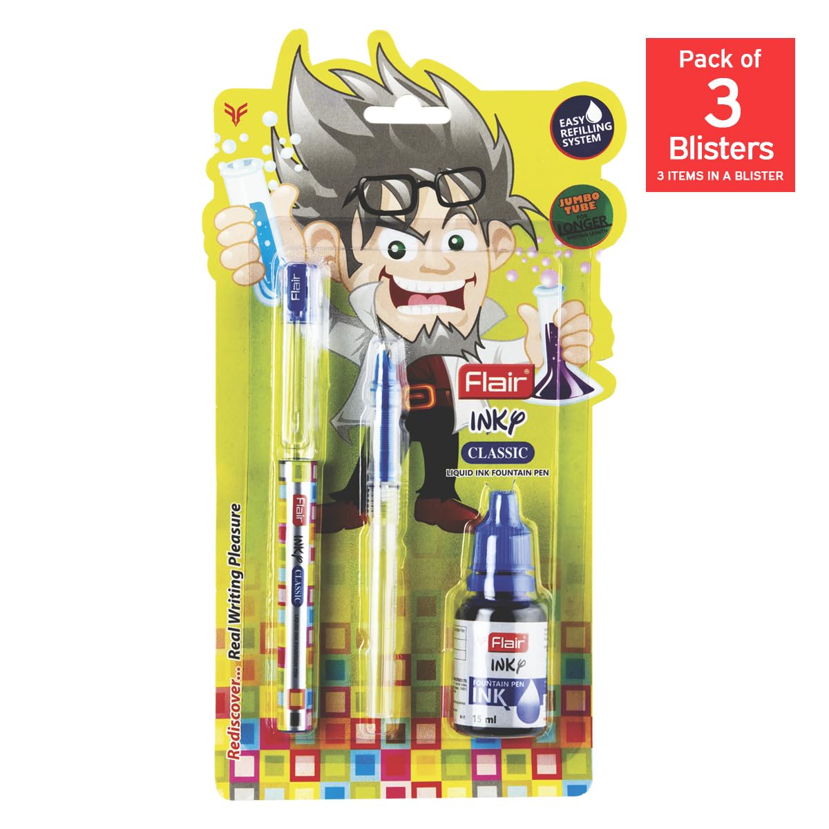 FLAIR Inky Series Classic Liquid Ink Fountain Pen Blister Pack | Easy Refilling With Jumbo Tube For