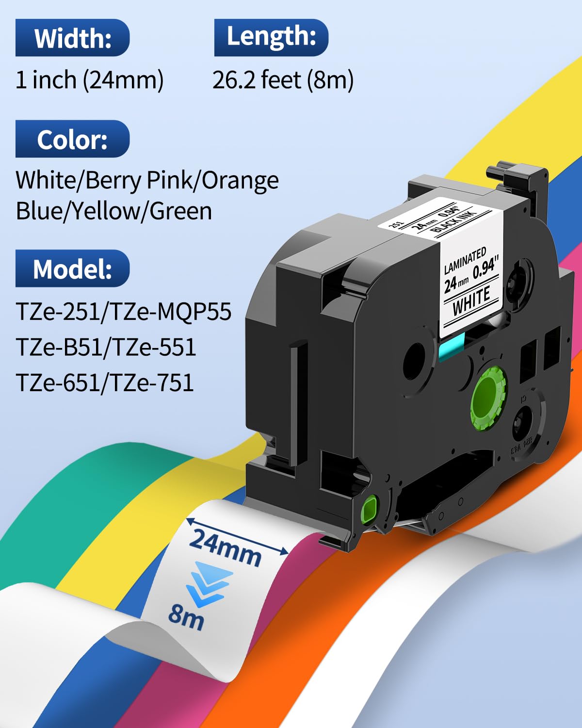 24mm TZe TZ Tape Replacement for Brother P Touch Label Maker Tape Colored